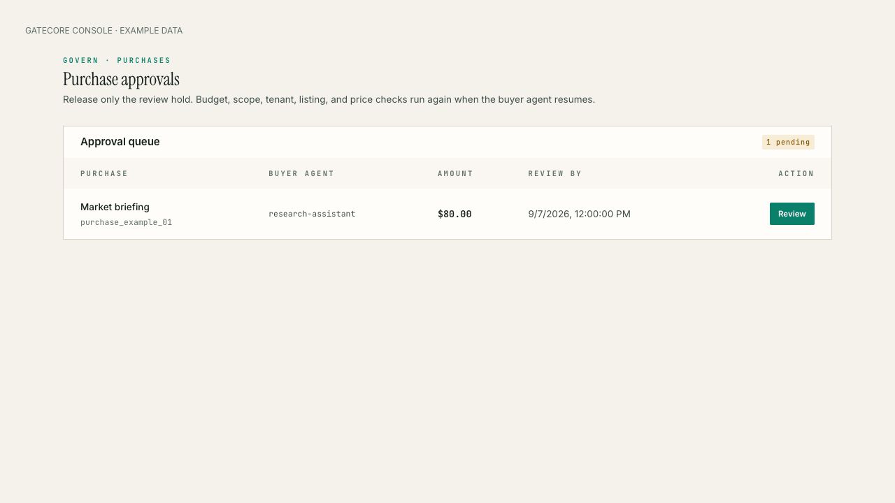 GateCore operator console example, showing a request awaiting an operator decision